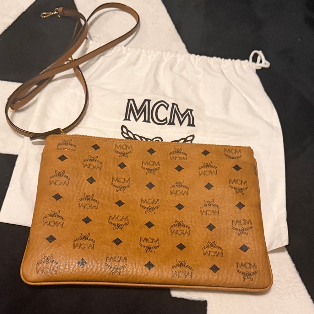 MCM Cognac Leather Pouch with Logo Pattern